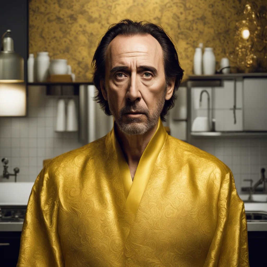 beautiful photography of Nicholas cage hero in an 1980 kitchen symmetricgloomy golden ratio intricate extreme detailed h