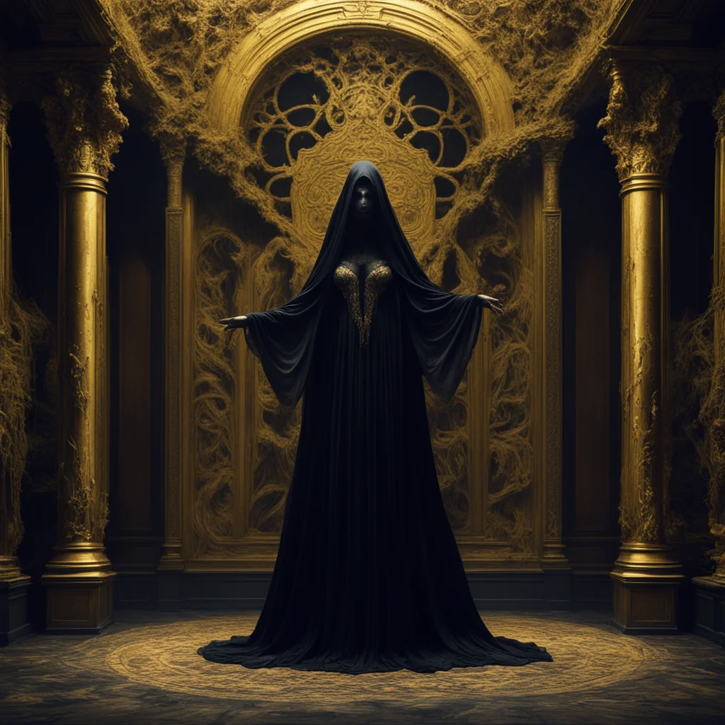 beautiful photography of levitating black veiled entity abandoned opera stage gloomy golden ratio intricate extreme deta