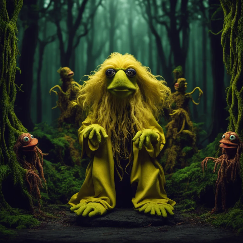 beautiful photography of muppet show cultist puppets sacrifice cthulhu altar dark forest symmetry geometric golden ratio