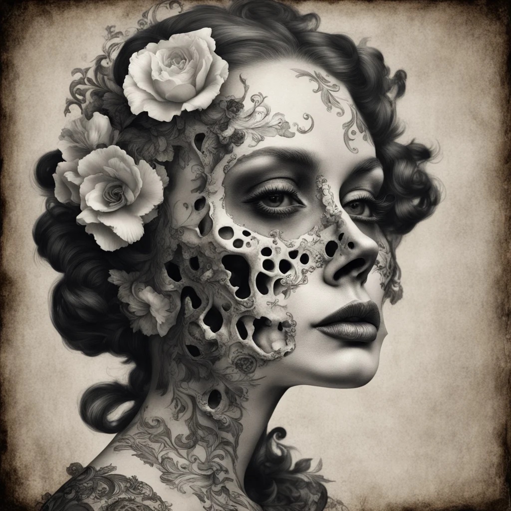 beautiful portrait of a woman half skull half face macabre baroque ar 23