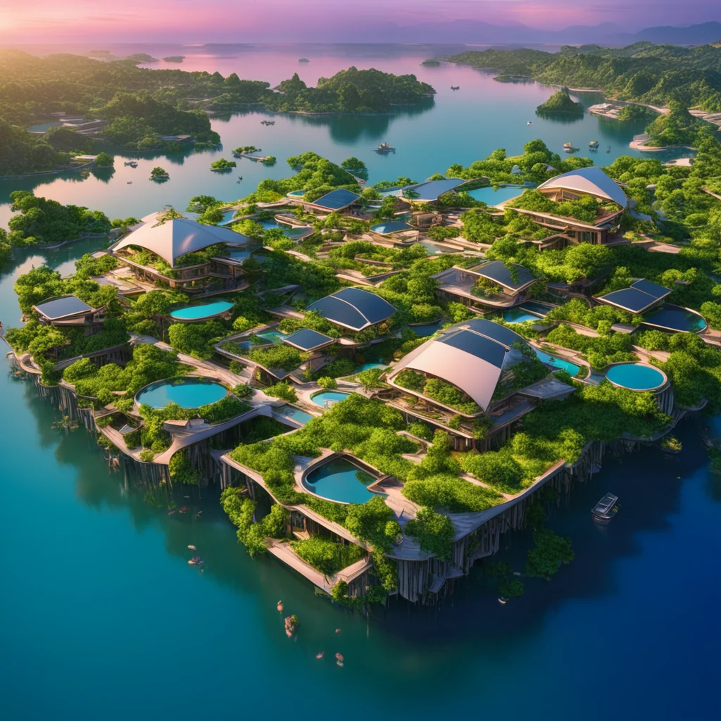beautiful render of a solarpunk floating village at dusk made of multiple islands greenery by Jean Nouvel octane render