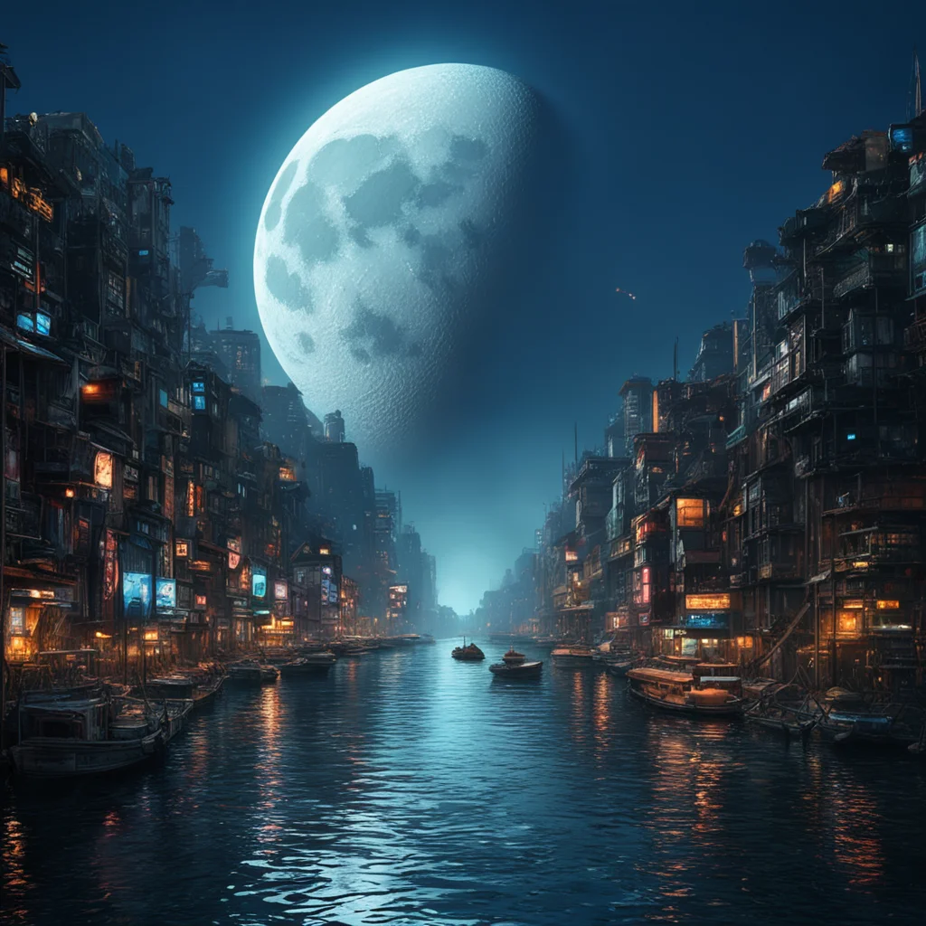 beautiful river view leading to the moon insanely realistic cyberpunk
