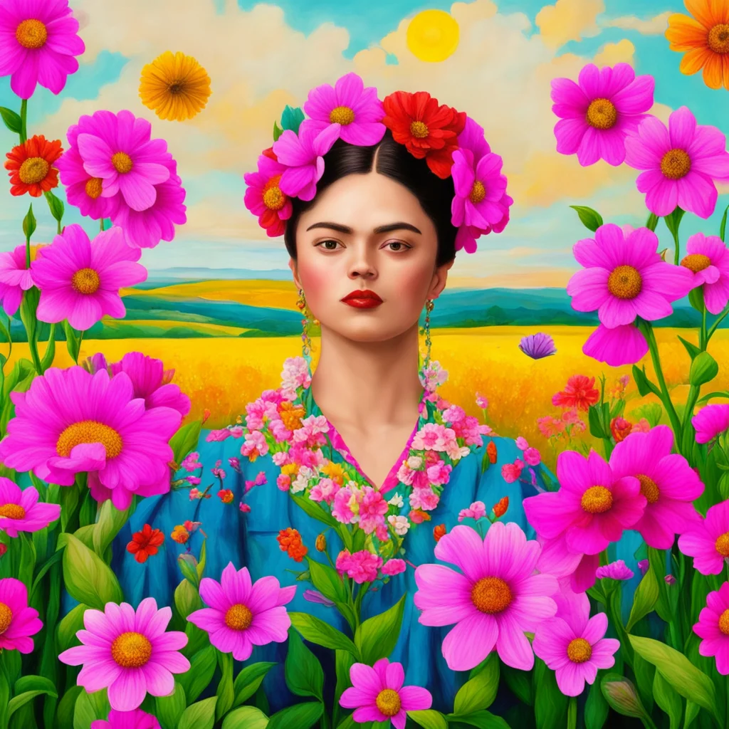 beautiful sunny fields of flowers in the style of Frida Kahlo