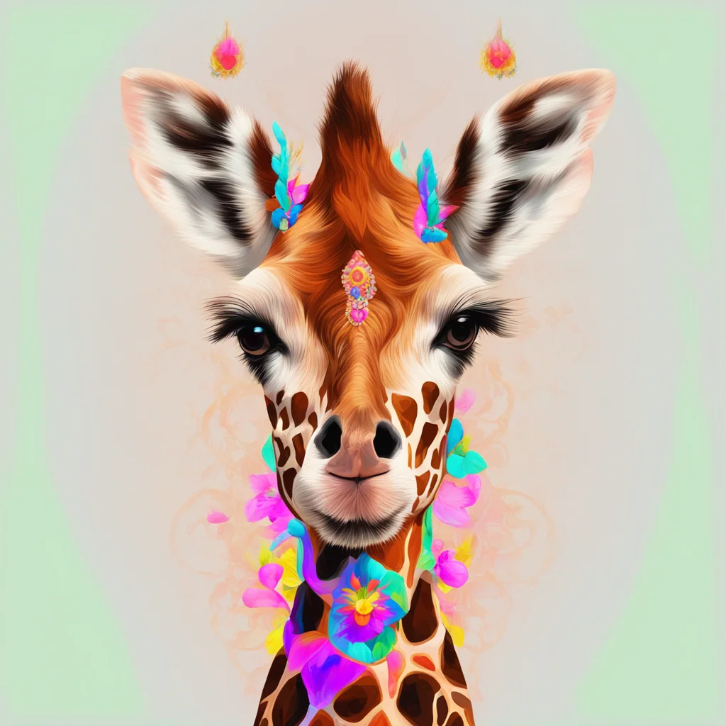 beautiful symmetrical giraffe with brown hair and jewelry portrait1 vector art03 digital flat Miyazaki Monet hd 8k03 D&D04 rule of thirds symmet