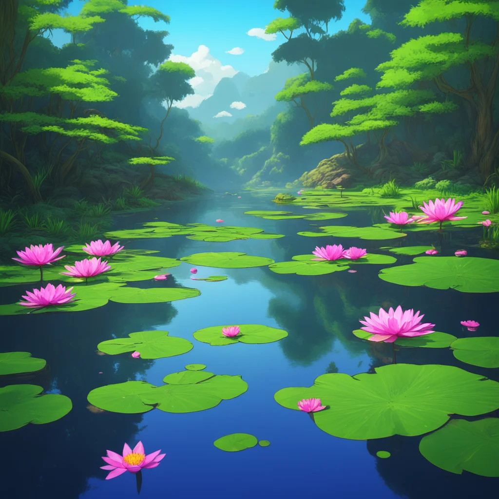 beautiful water lily pond wideshot by studio ghibli and Bob Rosspopular on artstation light effect ar 34