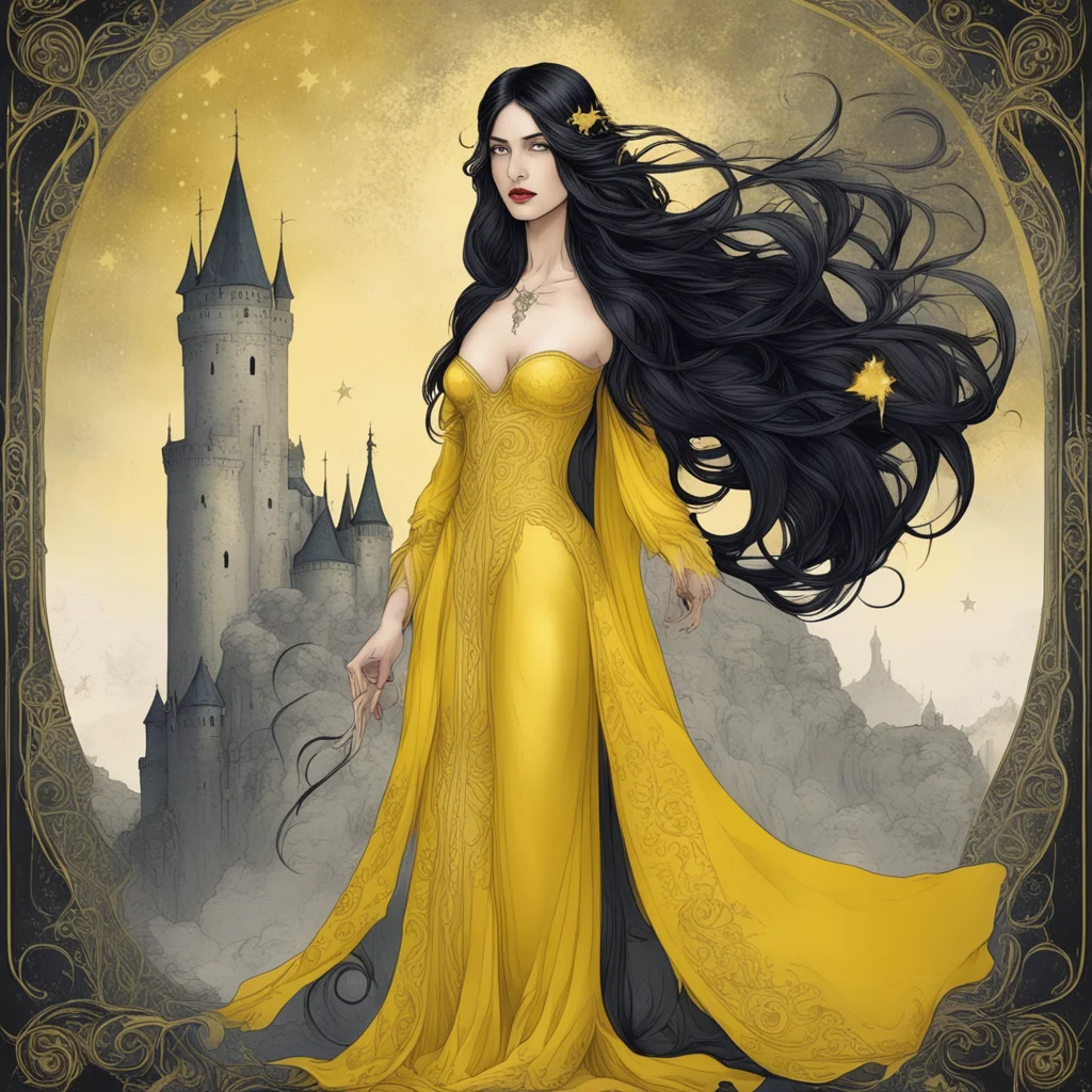 beautiful woman dressed in yellow silk with long black hair The background depicts an ominous castle under a white sky d