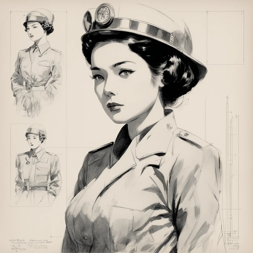 beautiful woman from the 1930s soviet uniform technical drawing yoji shinkawa
