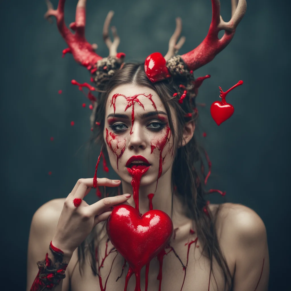 beautiful woman wearing antlers eating a heart red liquid on her face grunge y red mysterious ritualisitc tribal cinemat