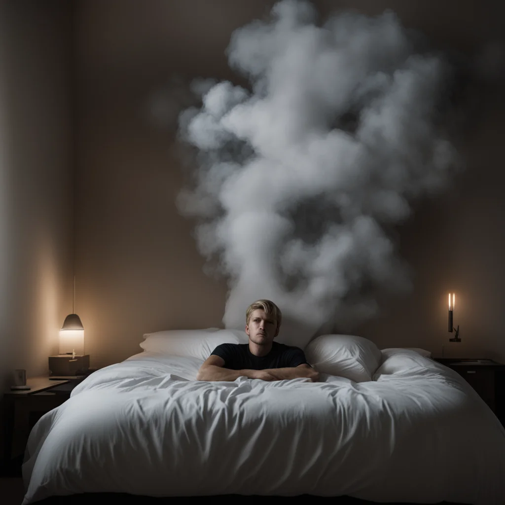 bed centered In the middle of a room man with short blonde hairsleeping in the bed surrounded by darkness and smoke