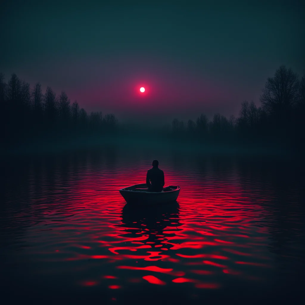 being made of bright white light alone in a boat in the middle of a lake at night dark color palette eeire cinematic red