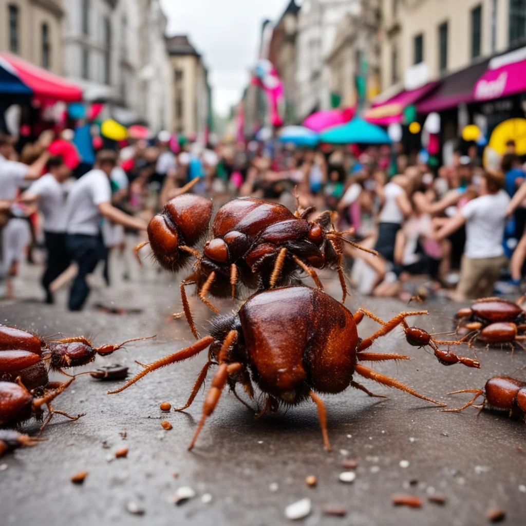 berlin vibrant street party gets invaded by cockroaches hyper realistic