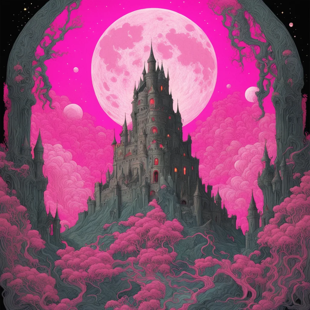 berserk hell demons unicorn pink celestial space planets stars moon lunar eclipse castle high contrast intricately drawn