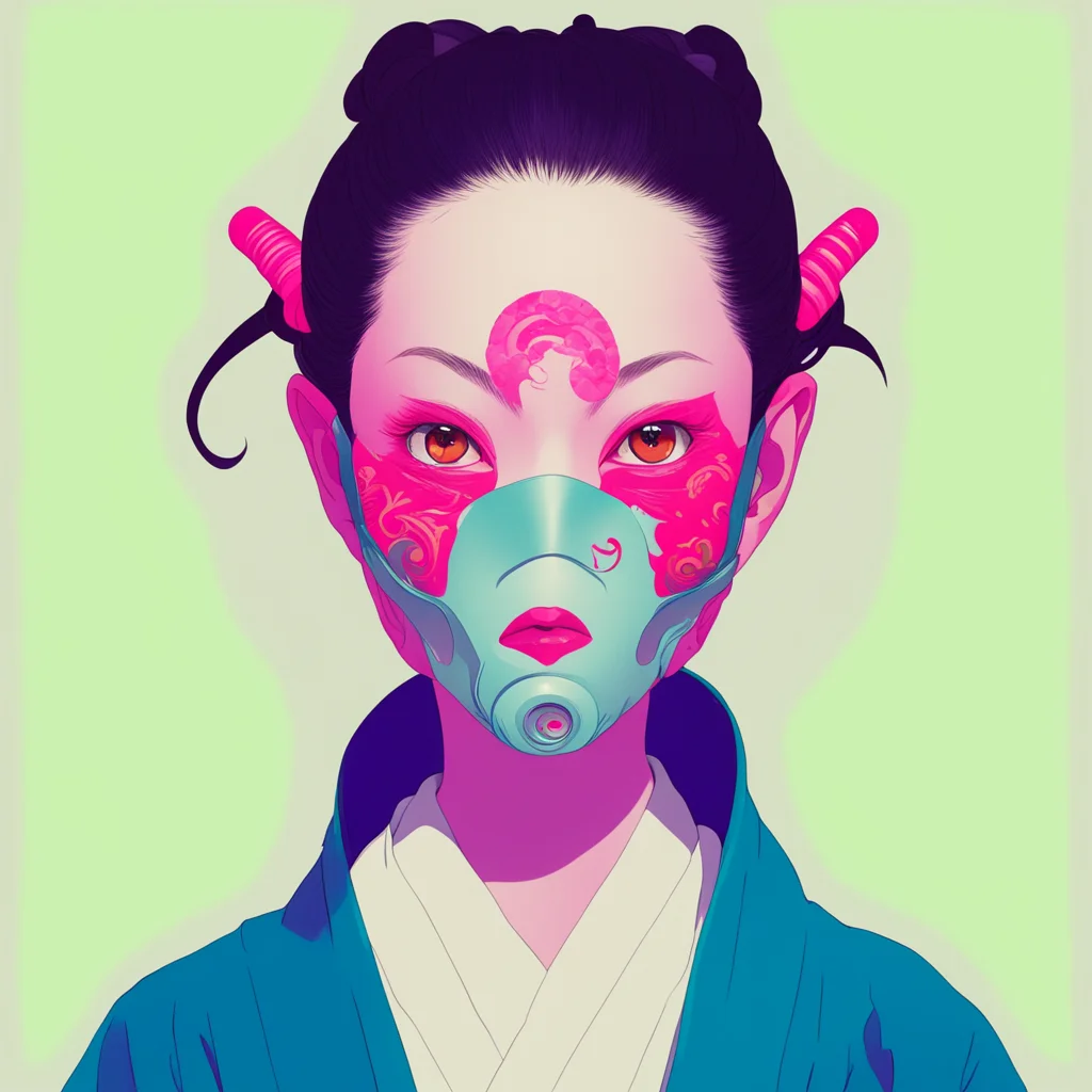 big colored eyed girl wearing a Japanese oni style medical mask by tomer hanuka