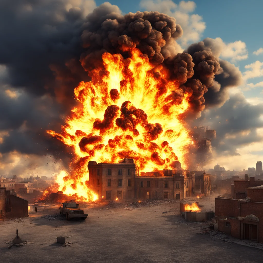 big explosion lots of fire near old city realistic renderman photo