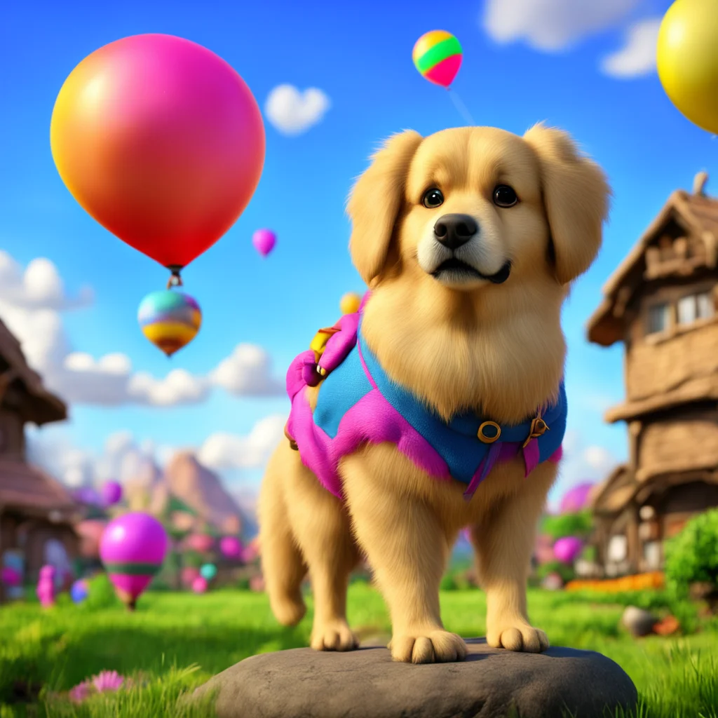 bing bong pixar realistic 3d balloon village highly detailed golden retriever king of the sky