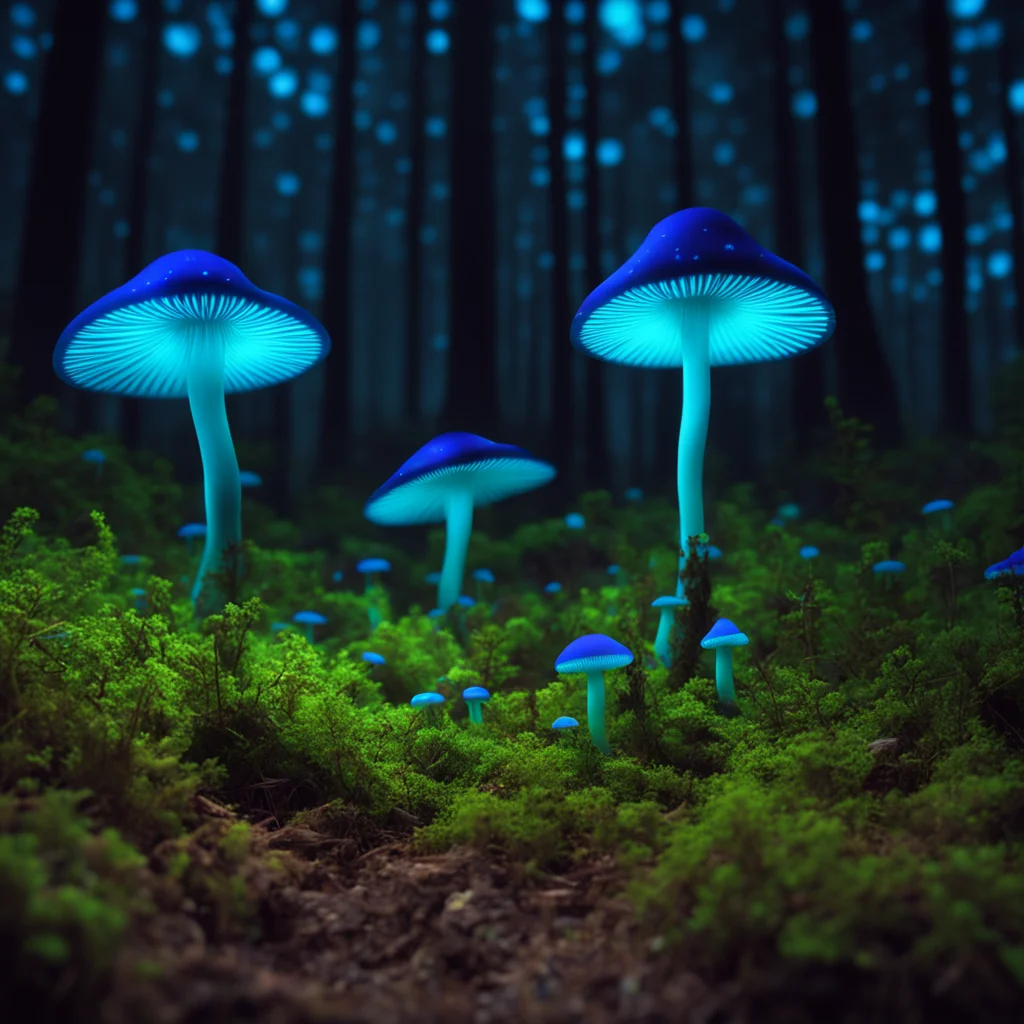bioluminescent mushrooms night forest ultra wide angle octane render 8K