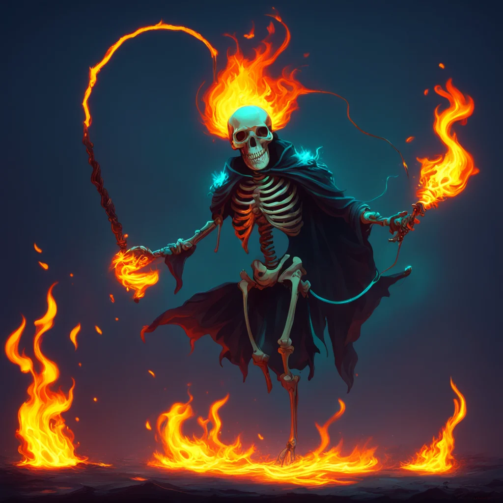 bioluminescent skeleton wizard swinging flaming bullwhip as concept art