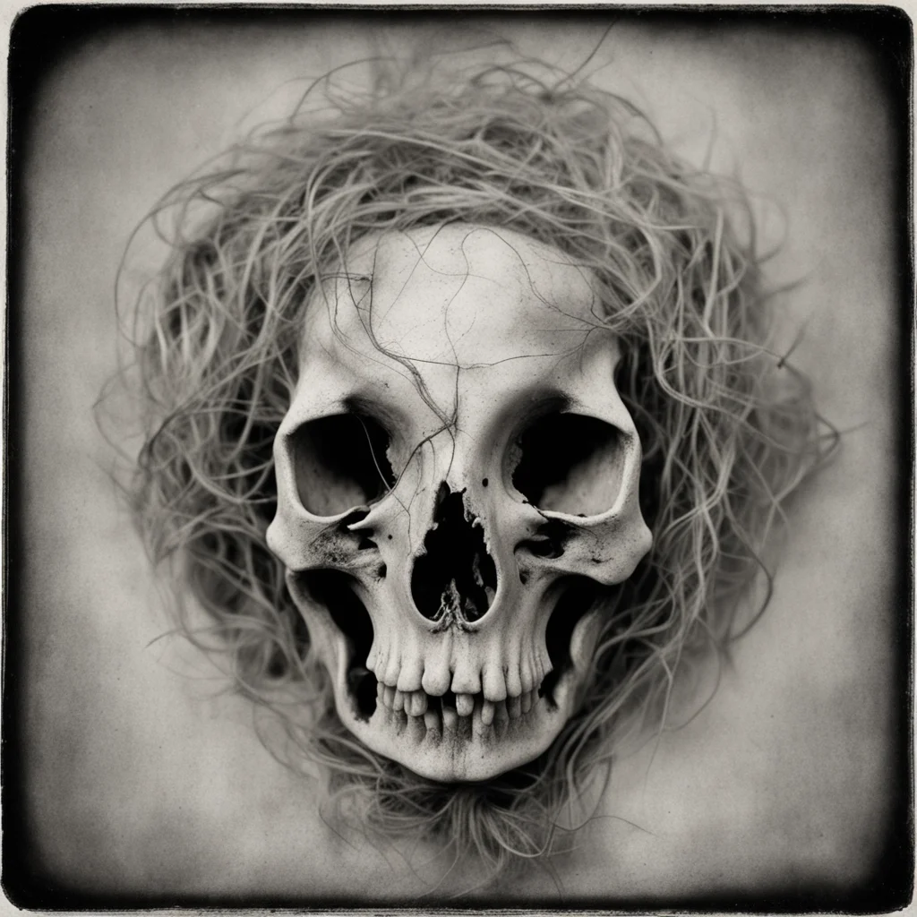 bird skull made of tangled hair high resolution fine detail occult symbolby Ansel Adams Tintype 1800s