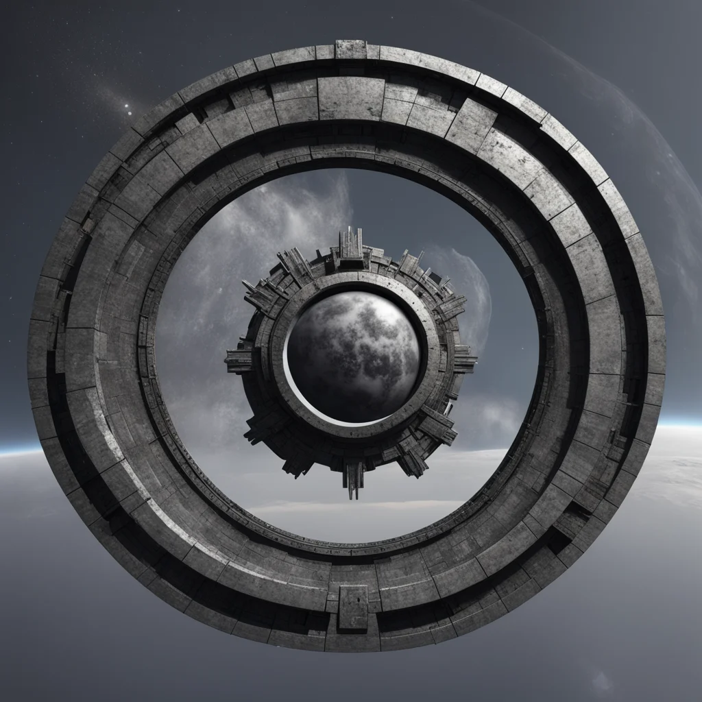 black Iron stone stargate in orbit above a planet rectangle shaped ancient rundown ruin looking gray background ultra de