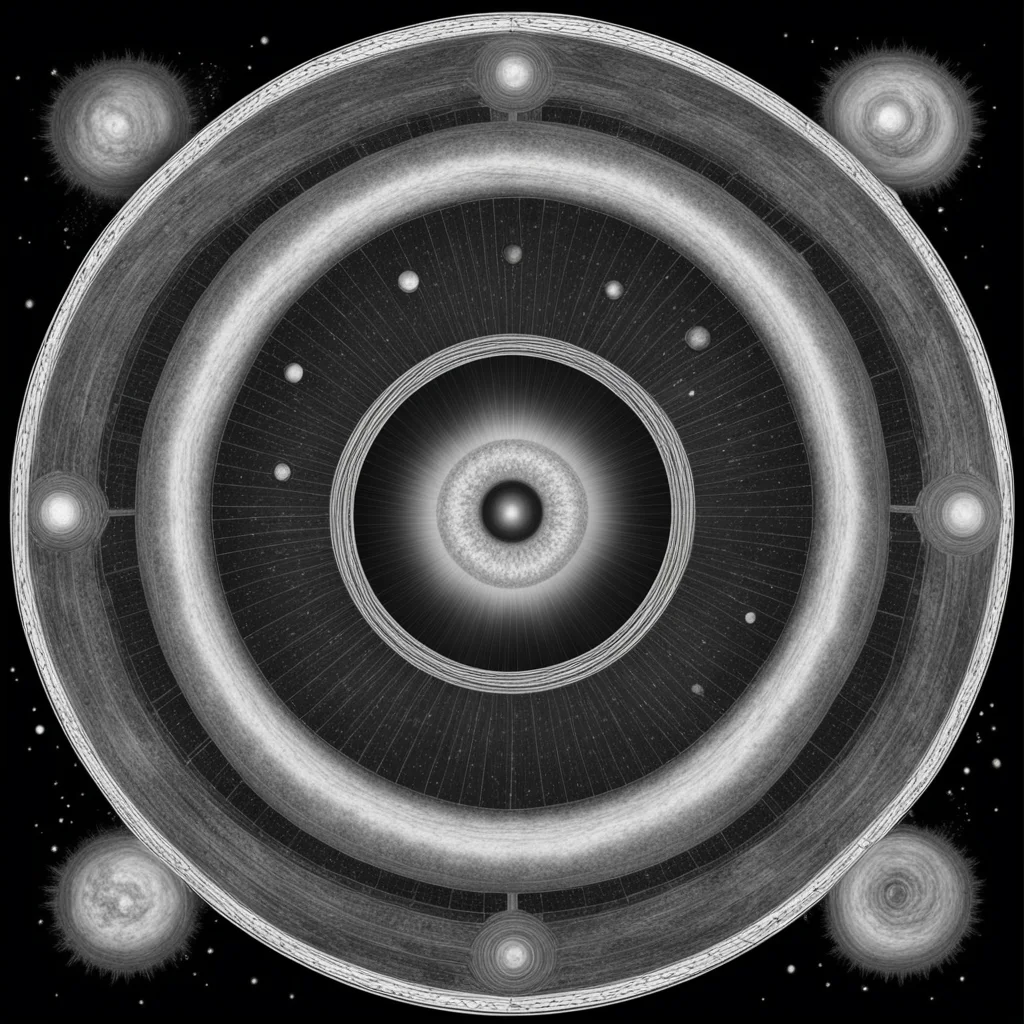 black and white detailed bluepring of solar system centered symmetry intricate detail