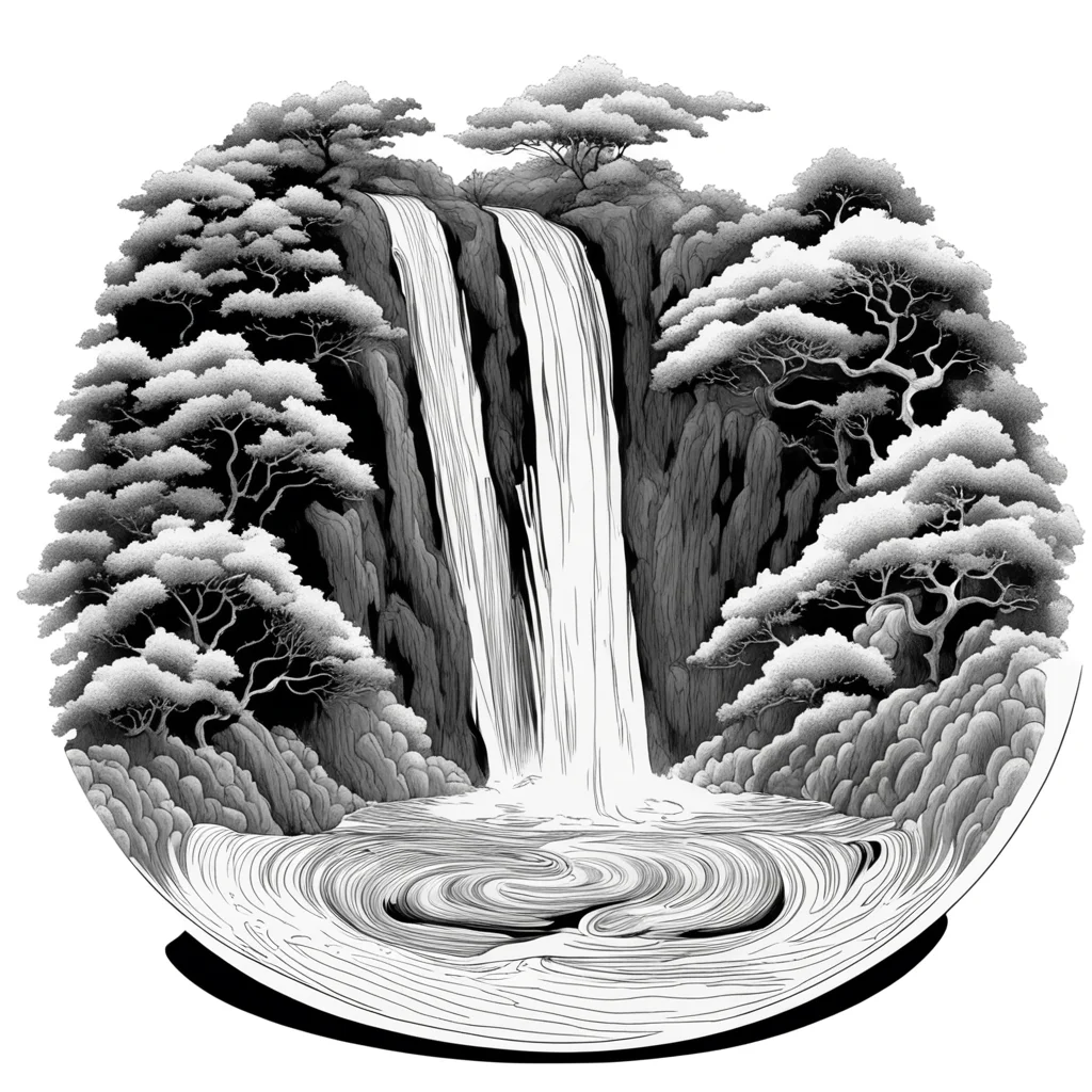 black and white drawing of a waterfall coming out of a bowl of soup in the style of hokusai