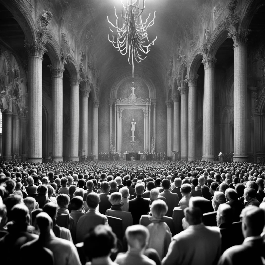 black and white old photo floating fishbones god inside church interior congregration prayer praying crowds of people dr