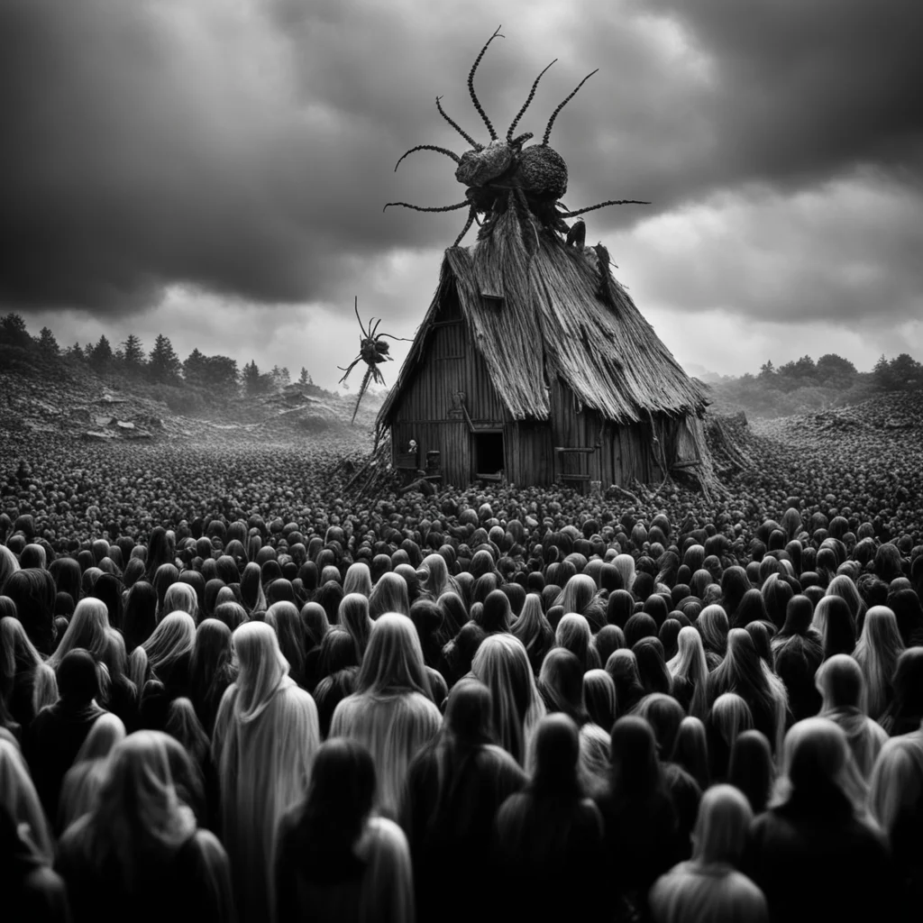 black and white old photo wooden village crowds of cultists cults glowing floating insect god fear dread terror horror a