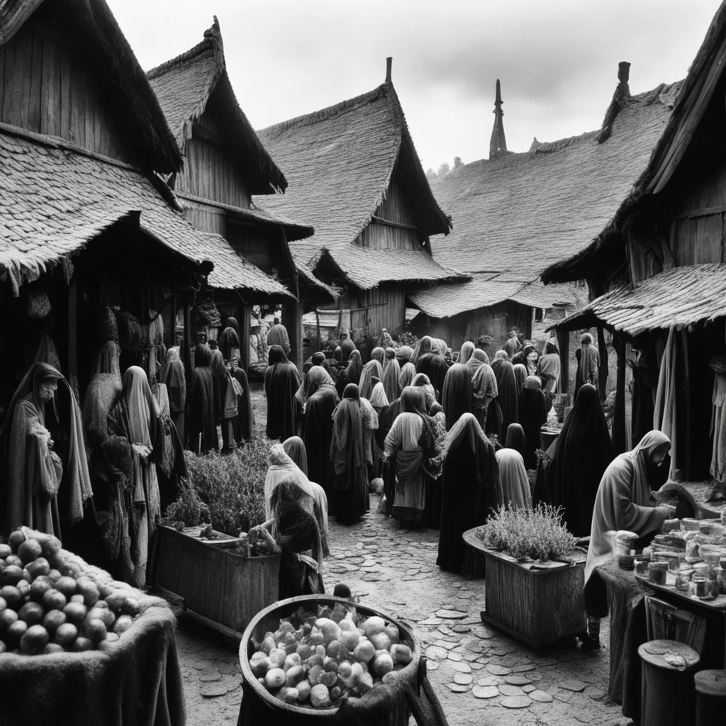 black and white old photo wooden village crowds of cultists cults market marketplace selling magic potions crystals pray