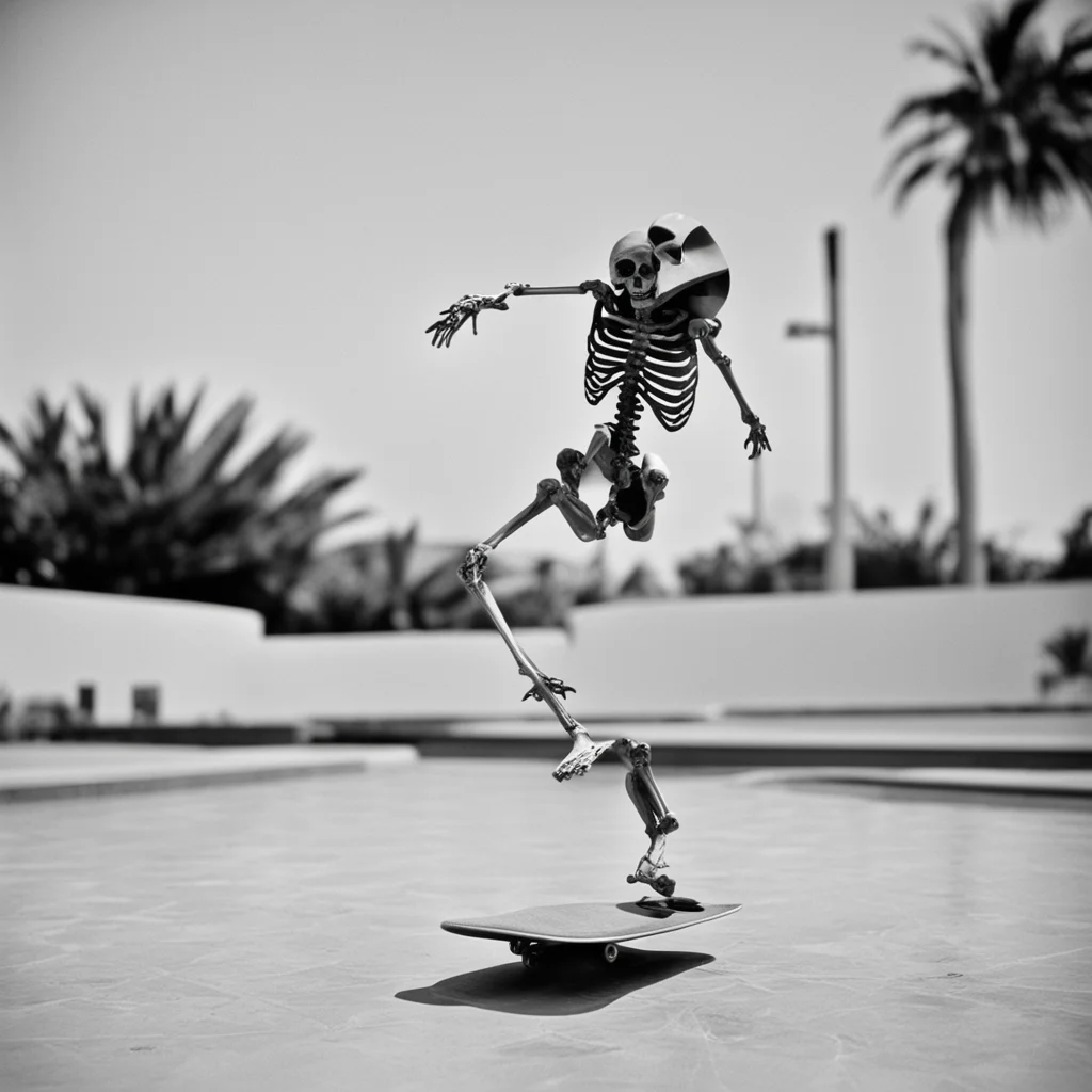 black and white photo of a skeleton on a skateboard jumping a pool 35mm
