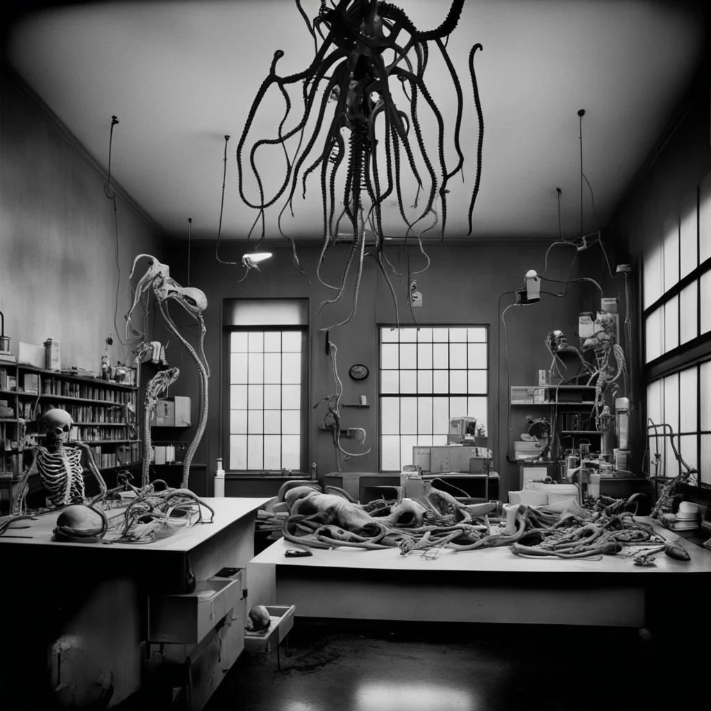 black and white photography footage of a laboratory with dead bodies anatomy skeleton tentacles sprout to the ceiling 35