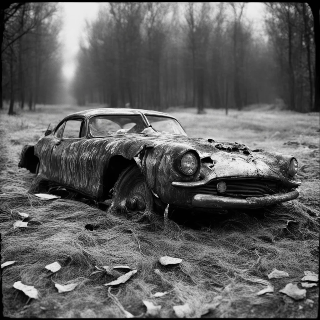 black and white photography footage of a melted soviet car with texturized organic material 85mm lens cinematic shot moo
