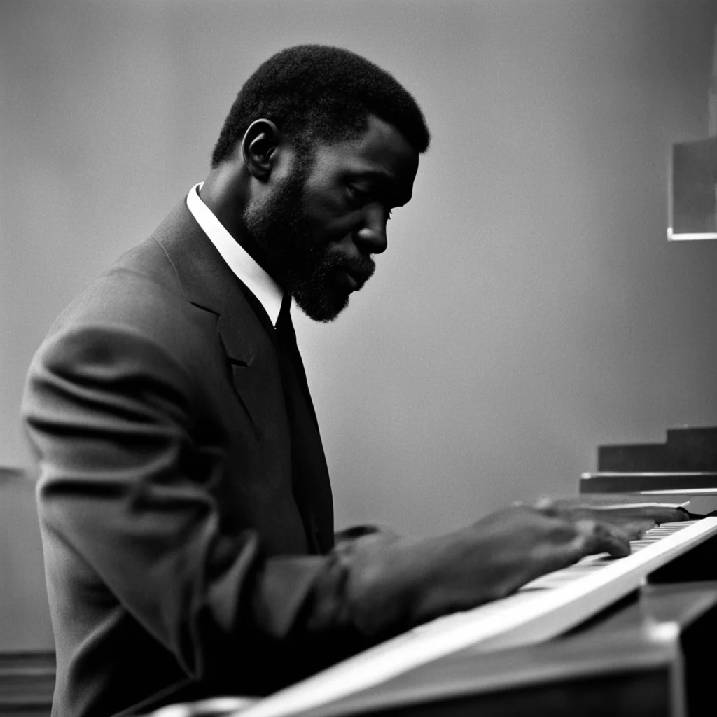 black and white picture of jazz musician Thelonious Monk playing the piano while looking upwards vibe ar 169