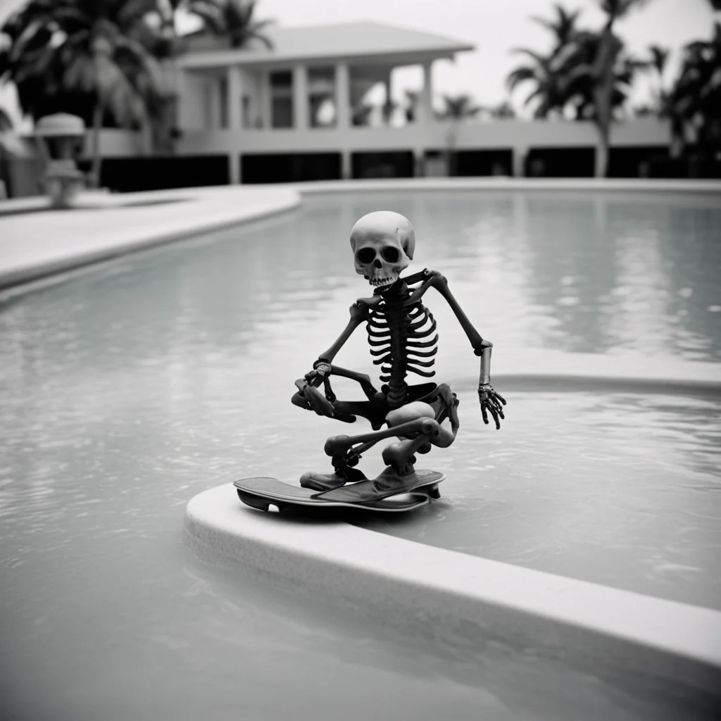 black and white viewmaster photo of a skeleton in a pool 35mm skateboard 90s high contrast