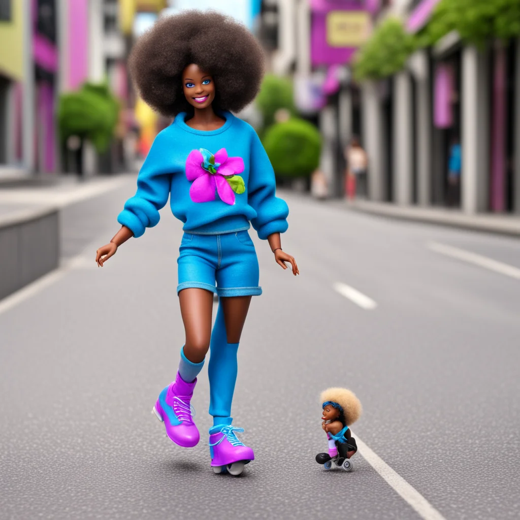 black barbie with afro roller skating with smurf doll on a winding sidewalk photo realistic cinematic happy fun vibe hig