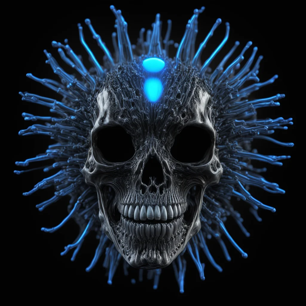 black ferrofluid high detail 10 alien skull 10 HR Giger 8 black background 1 blue neon highlight 8k octane render partic