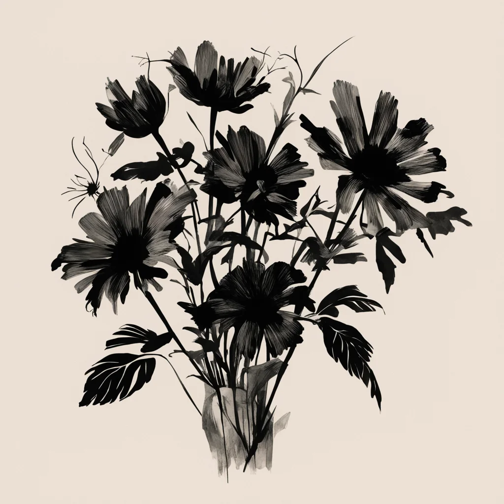 black flower bouquet in the style of william kentridge ar 23
