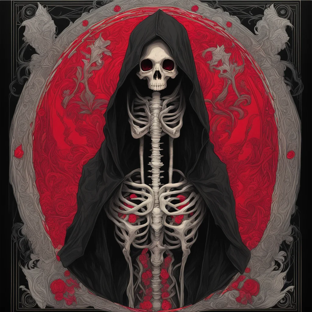 black paper  hooded skeleton painted by Alphonse Mucha and peter mohrbacher with multiple black boarders on black paper 