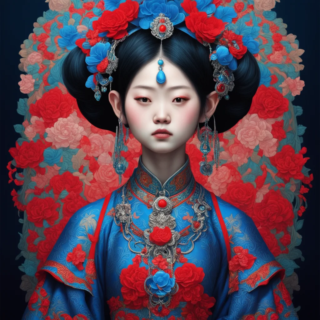 black paper blue and red tone a beautiful Chinese Hmong girl wears a set of Sterling Silver Jewelry ornatefantasymagical