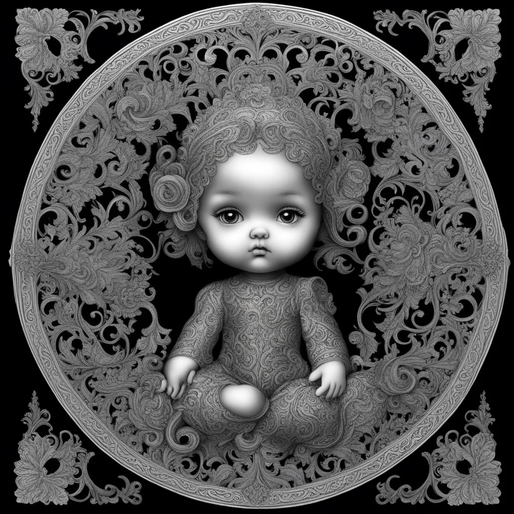 black paper ornate baby doll intricate metallic drawing in center