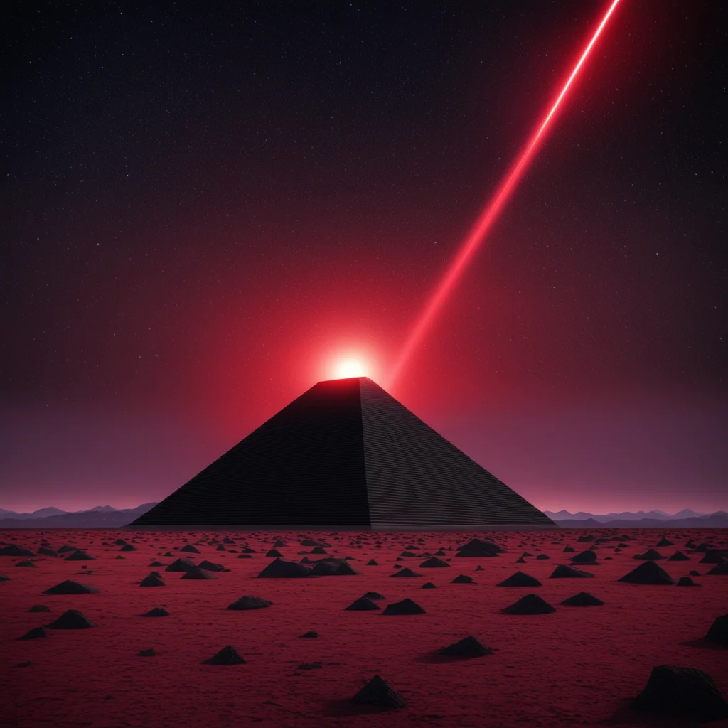 black pyramid in an empty field on a foreign planet dusk landscape red laser beams departing verticaly from the tip of t