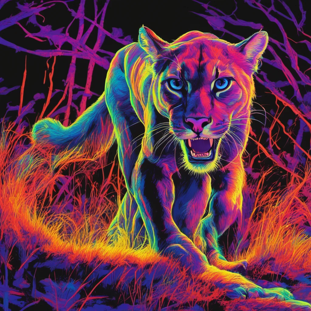 blacklight cougar pouncing on prey fangs claws neon