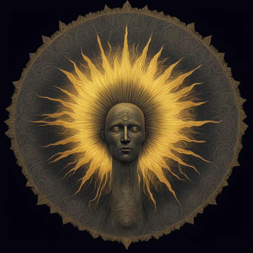 blazing sun god with beams shining outwardsBlack paper with intricate and vibrant golden line work sun rays zbrush chara