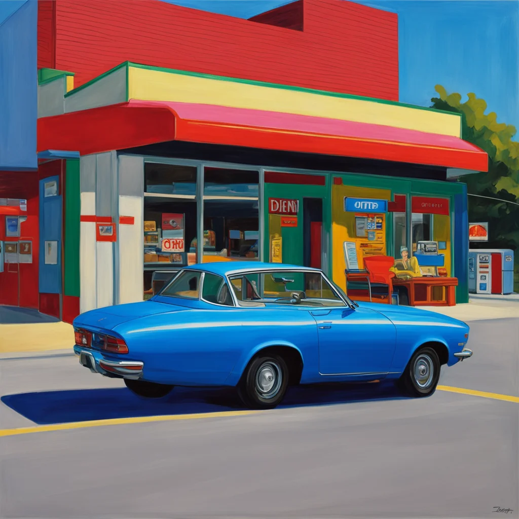 blue 1973 240z in front of a diner and gas station painting by edward hopper