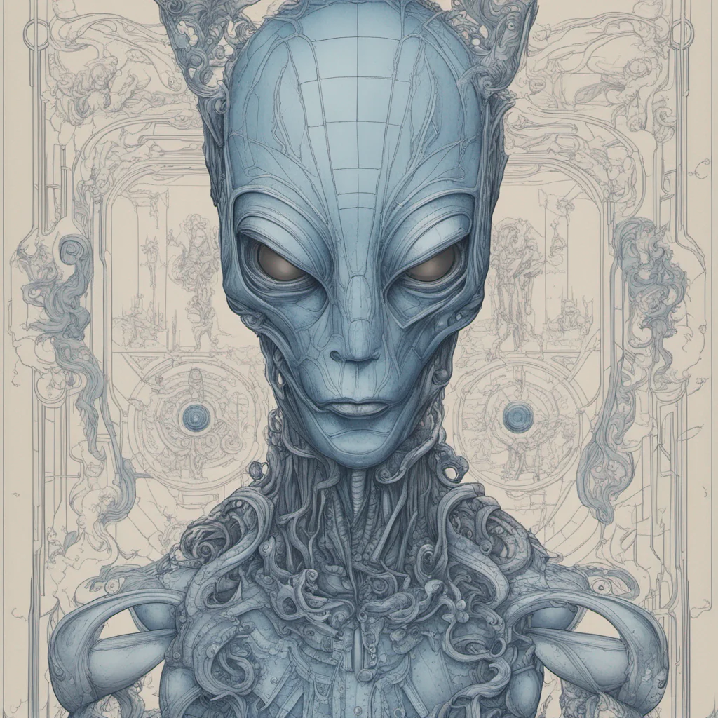 blue paper full page schematic of mid century 1900s detailed concept art of humanoid alien baroque style illustration precise lineart symmetry2 8K matte c