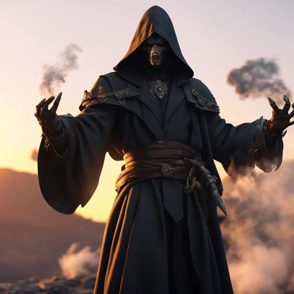body shot of human wearing a robe rugged cloaked backlit part smoke demon steam punk long claw on his right arm magical 