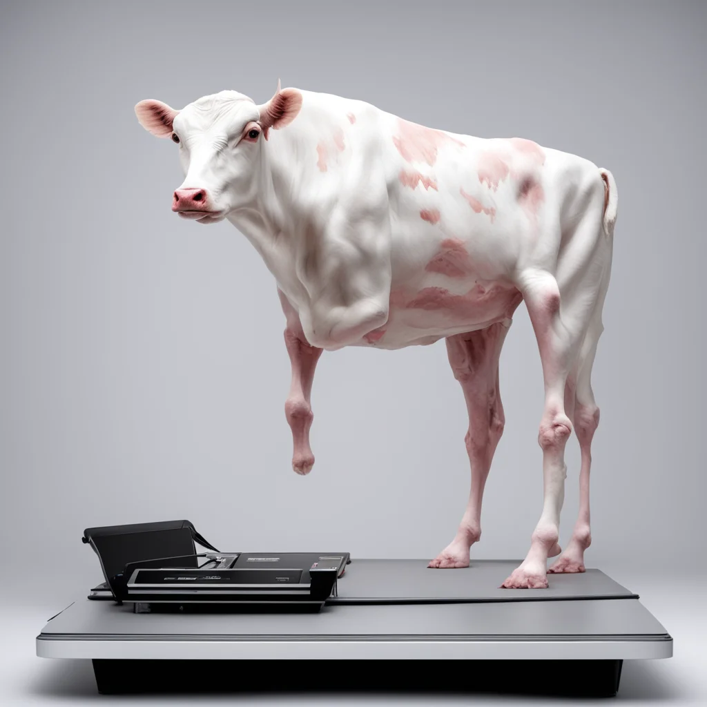 bodyworlds cow with plastic skin on treadmill clean white lab