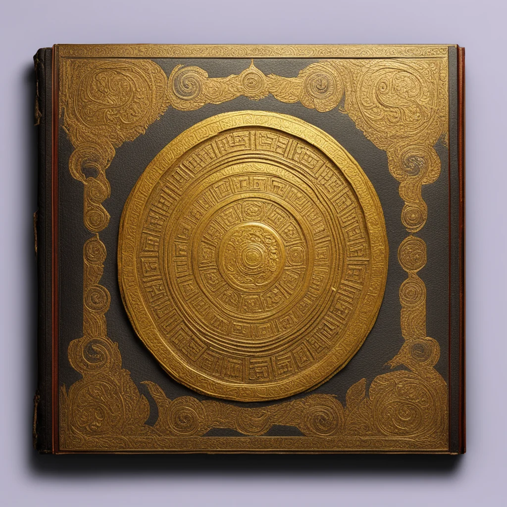 book cover in blocky conlang writing system style repitle leather bound ancient holy book gold incriptions10 gold circle