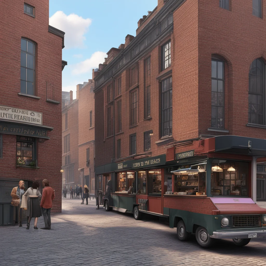brick buildings in London food truck market street view detailed matte painting ultra realistic artstation cinematic con