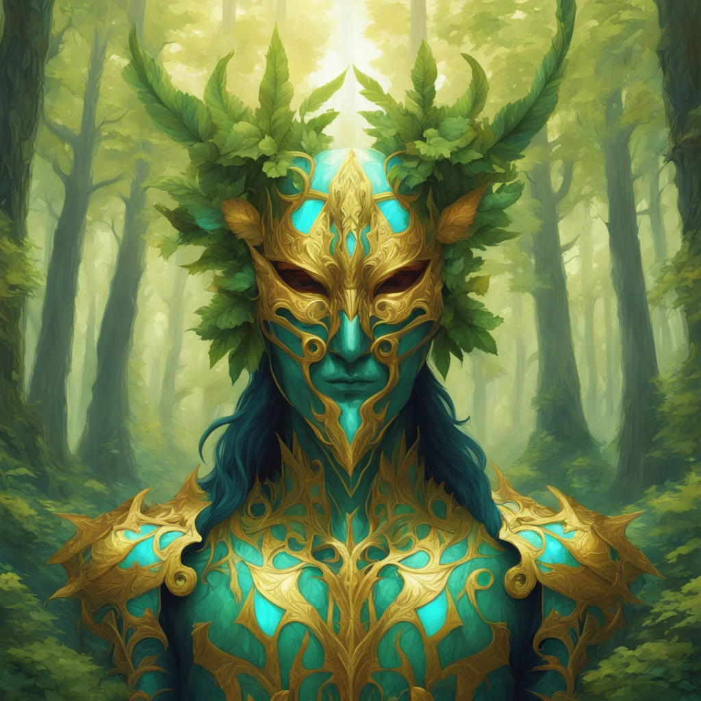 bright summer forest guardian wearing a fully reflective masquerade mask that covers his eyes symmetrical beautiful illu