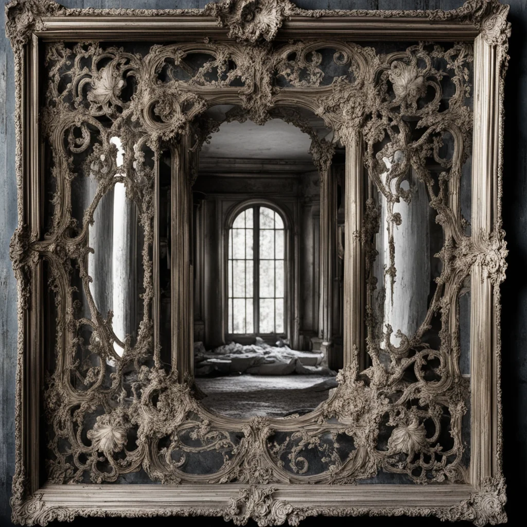 broken mirror in an ornate frame reflection of an abandoned mansion